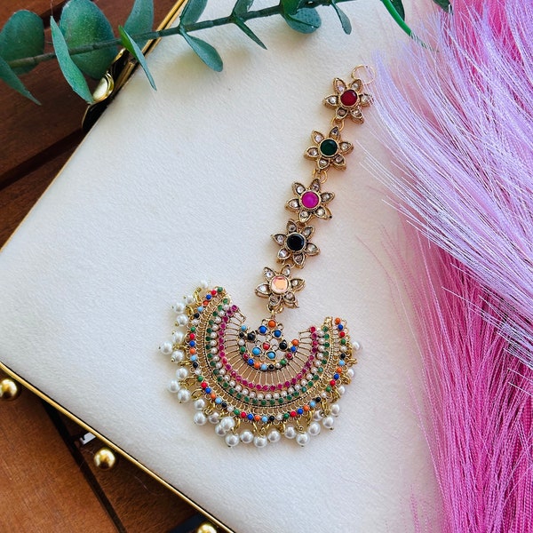 Bahar e Nauratan Bindiya/ Beautiful Pakistani and Indian Bindiya /Bollywood style/ Multi colored jewelry/Bridal Tikka/ Bridesmaid /kundan