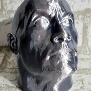 Può includere: Una scultura in 3D di una testa umana, realizzata in una finitura argentata metallica. La testa è inclinata verso l'alto, con un'espressione seria.