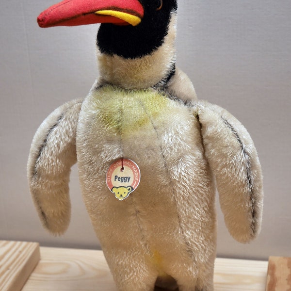 STEIFF Pinguin Peggy, vintage 50er Jahre, Knopf, Fahne, Schild, 32 cm