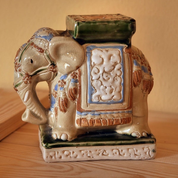 Majolica ceramic Indian elephant, animal figure ornament, marked, handmade, faiance