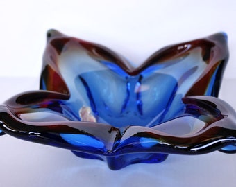 Vintage Murano Glas Zipfelschale, blue/cranberry, Glasfusion, Italien 60er Jahre