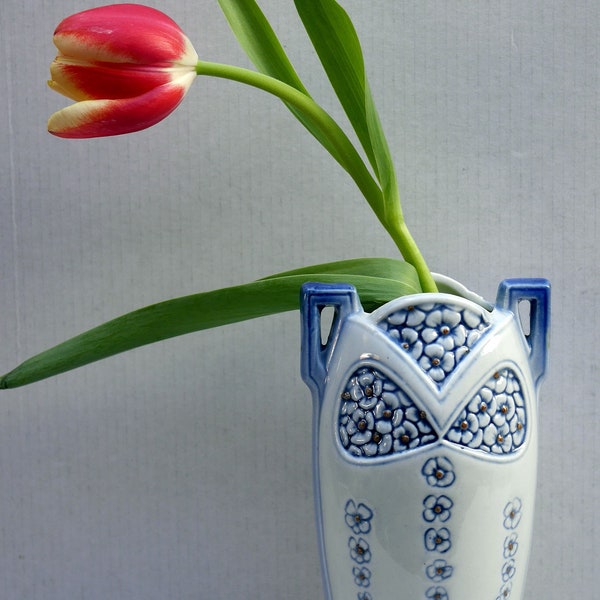 Edle Art Deco Vase, vintage, Frankreich 1930er Jahre, blaue Vergissmeinicht, Porzellan, 18 cm