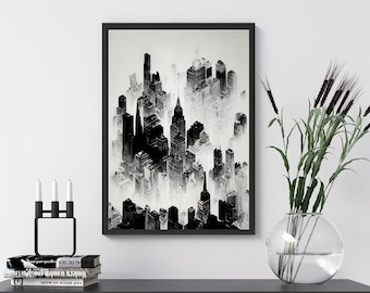 Abstract Wall Art, Black and White Cityscape, Printable Art, Modern Painting, Minimalist Print, Contemporary, Digital download