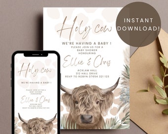 Holy cow baby shower editable invite , digital download,  print at home , editable template, boho highland cow print and pampas