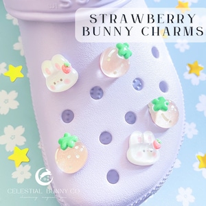 SHOE CHARM Strawberry Bunny Charms | Rabbit | Animal | Cute | Kawaii | Pink | Green | Fruit | Food | Shoe | Accessories | Set | Gift | Clip