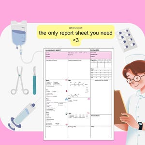 Könnte beinhalten: Eine Vorlage für einen Pflegebericht mit einem zentralen Raster für Patientendaten, umgeben von Illustrationen eines Infusionsbeutels, einer chirurgischen Schere, eines Skalpells, einer Spritze und einer Tablettenpackung. Text: @thatnursekath the only report sheet you need <3.