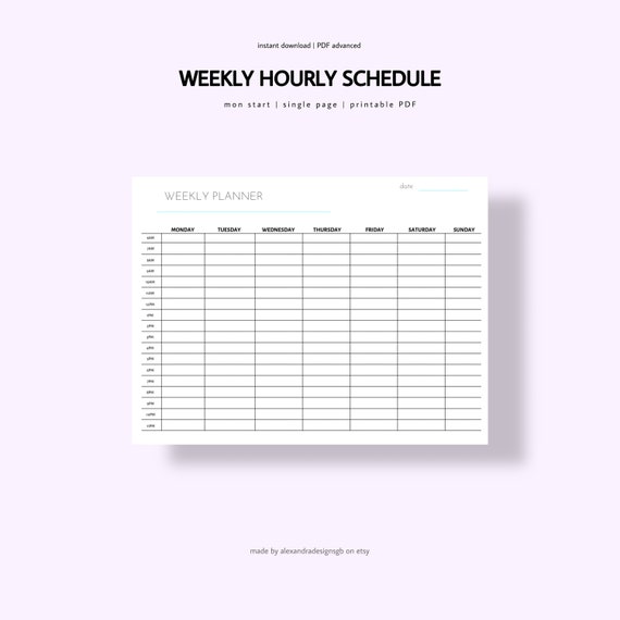 Hourly Weekly Schedule Weekly Planner Printable Weekly Etsy