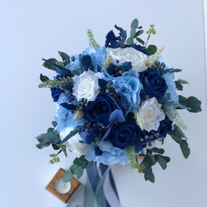 Dusty Blue, SLATE BLUE & Navy Blend Wedding Bouquet, Blues Ivory Bridal Bouquet, Real Touch Roses, Blue Wild Flowers, Boutonniere Corsage