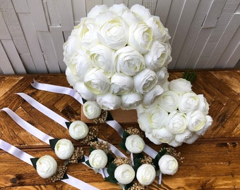 White Peony Bridal Bouquet, Classic Wedding White Peony Bouquet, Rustic Boho Flower Bouquet, Peony Design, Peony and Boutonniere