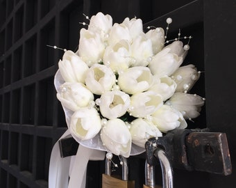 White Tulip Bridal Bouquet: Silk Ribbon Wedding Flower, Boutonniere