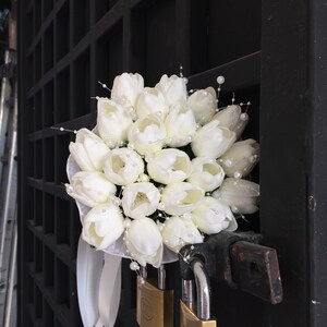 White Tulip Bridal Bouquet, Classic Wedding White Tulip Bouquet, Rustic Boho Flower Bouquet, Tulip Design, Tulip and Silk Ribbon,Boutonniere image 7