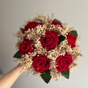Red Rose Bridal Bouquet, Classic Wedding Red Rose Bouquet, Rustic Boho Flower Bouquet, Rose Design, Rose and Dried Flower