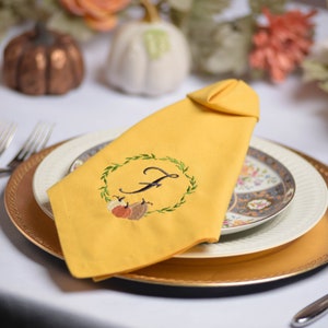 Embroidered Monogrammed Cloth Napkins: Autumn Thanksgiving Decor, Set of 4