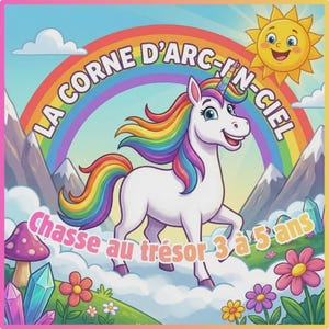 Puede incluir: Ilustración de dibujos animados con un unicornio blanco con melena y cola de arcoíris, frente a un arcoíris. La imagen incluye el texto "LA CORNE D'ARC-IN-CIEL" y "Chasse au trésor 3 à 5 ans", con un sol sonriente en el fondo.