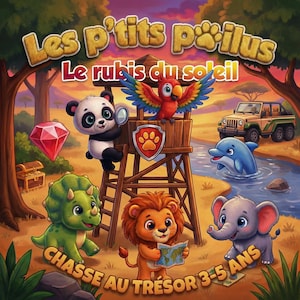 Könnte beinhalten: Eine farbenfrohe Illustration mit Zeichentricktieren in einer Dschungelkulisse. Ein Panda mit Lupe, ein Papagei, ein Löwe mit Karte, ein Dinosaurier, ein Elefant und ein Delfin sind abgebildet. Der Text "Les P'tits Poilus" und "Chasse au trésor 3-5 ans" sind sichtbar.