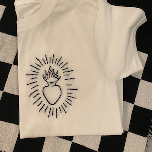 Embroidered Sacred Heart- Hand Stitched Sacred Heart- Sacred Heart shirt- Embroidered Sacred Heart shirt- Embroidered Tee- Sacred Heart Tee
