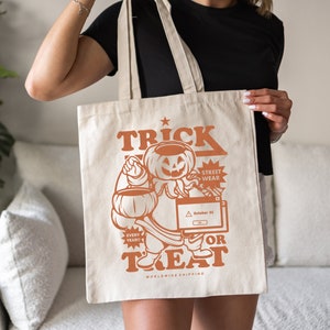 Trick or Treat Streetwear Tote Bag | Canvas Tote, Halloween Tote, Vintage Retro Aesthetic, Fall, Jackolantern, Pumpkin