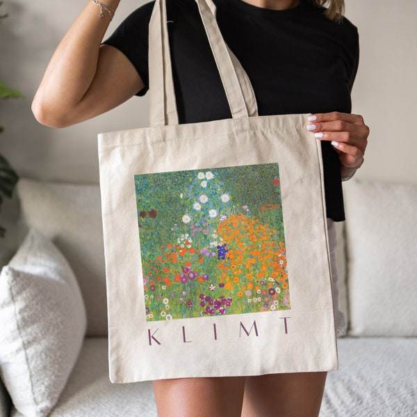 Gustav Klimt Flower Garden Canvas Tote | artsy tote bag, painting, art, aesthetic, klimt tote, gift, tote, reusable, modern, flowers