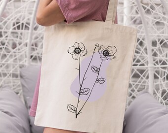 Floral Canvas Tote Bag | Botanical Tote Bag, Flower Tote Bag, Minimalist, Mid-Century Modern, Produce Bag, Reusable Bag