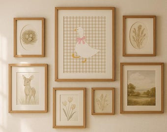 Duck with Pink Bow Wall Art, Gingham Nursery Print, Farm Animal Baby Room Decor, Cottagecore Duck Illustration,Vintage Style Duck Print