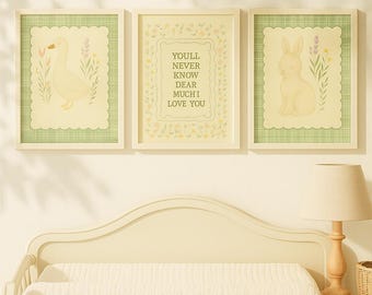 Vintage Woodland Nursery Art Bunny, Goose & Quote Prints for kids room
