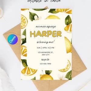 Editable “Our Main Squeeze is Turning One” Birthday Invitation | Lemon First Birthday Canva Template | Summer 1st Birthday Party Invite