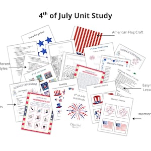 May include: A collection of educational printables for a 4th of July unit study. Includes science experiments, memory games, and American flag crafts. Features ideas for different learning styles and easy-to-follow lesson plans.