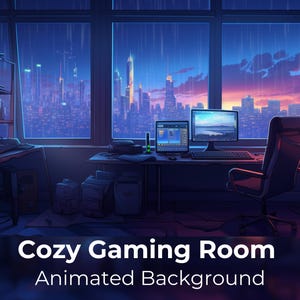 Puede incluir: Ilustración animada de una acogedora sala de juegos con una vista de la ciudad a través de grandes ventanas. La habitación cuenta con un escritorio con dos monitores de ordenador, un teclado y una silla de oficina. El texto "Cozy Gaming Room Animated Background" se muestra en la parte inferior.