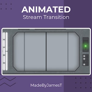Op de afbeelding: Een geanimeerde streamovergangsgrafiek met een grijs, rechthoekig ontwerp. Het ontwerp heeft twee grijze panelen, een bedieningspaneel met een groen lampje en de witte tekst "ANIMATED Stream Transition". De achtergrond is paars.