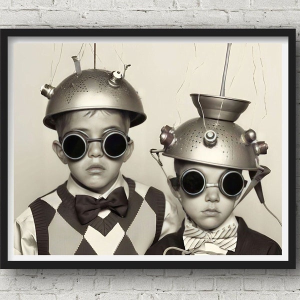 Niños jugando con sombreros de antena hechos con coladores de mamá, impresión fotográfica vintage, arte de pared de habitación para niños, impresión de sala de juegos para niños, foto divertida