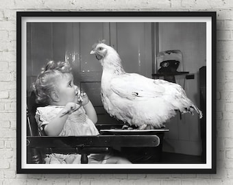 Baby Spooked by Chicken, Funny Vintage Photography, Black and White Wall Art, Funny Animal Print, Museum Quality Print