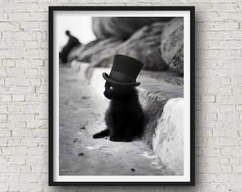 Black Kitten with Top Hat | Museum Quality Print