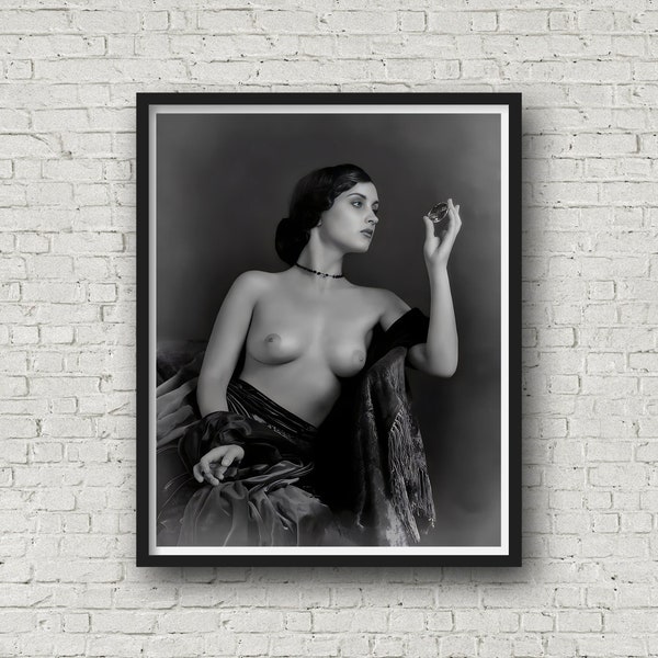 Topless Woman Holding Hand Mirror, Vintage Nude Photography, Powder Room Print, Glam Room Wall Art, Museum Quality Print