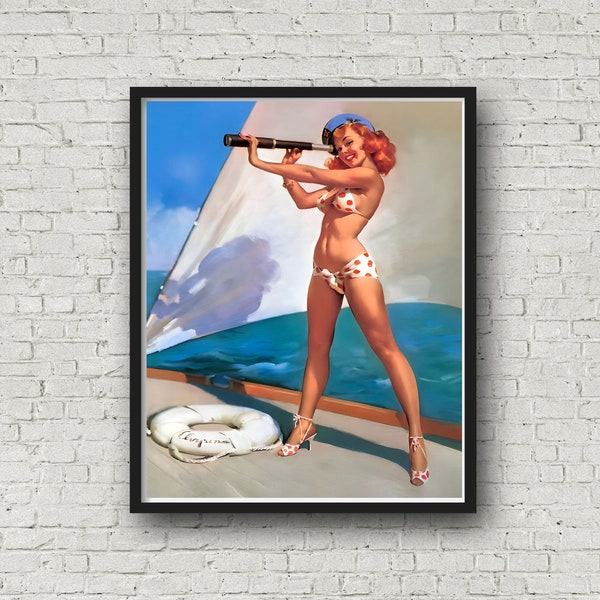 Sailor Girl 1960, Gil Elvgren Artwork, Vintage Pin-up Poster, Glam Room Wall Art, Summer Home Decor, Man Cave Decor, Pinup Wall Art