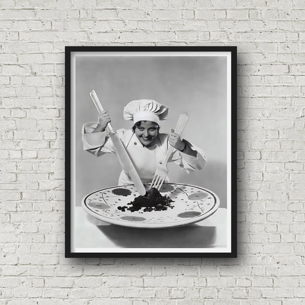 Chef Poses With Giant Dishware, Vintage Photography, Funny Photo Print, Kitchen Wall Art, Restaurant Wall Decor, Museum Quality Print