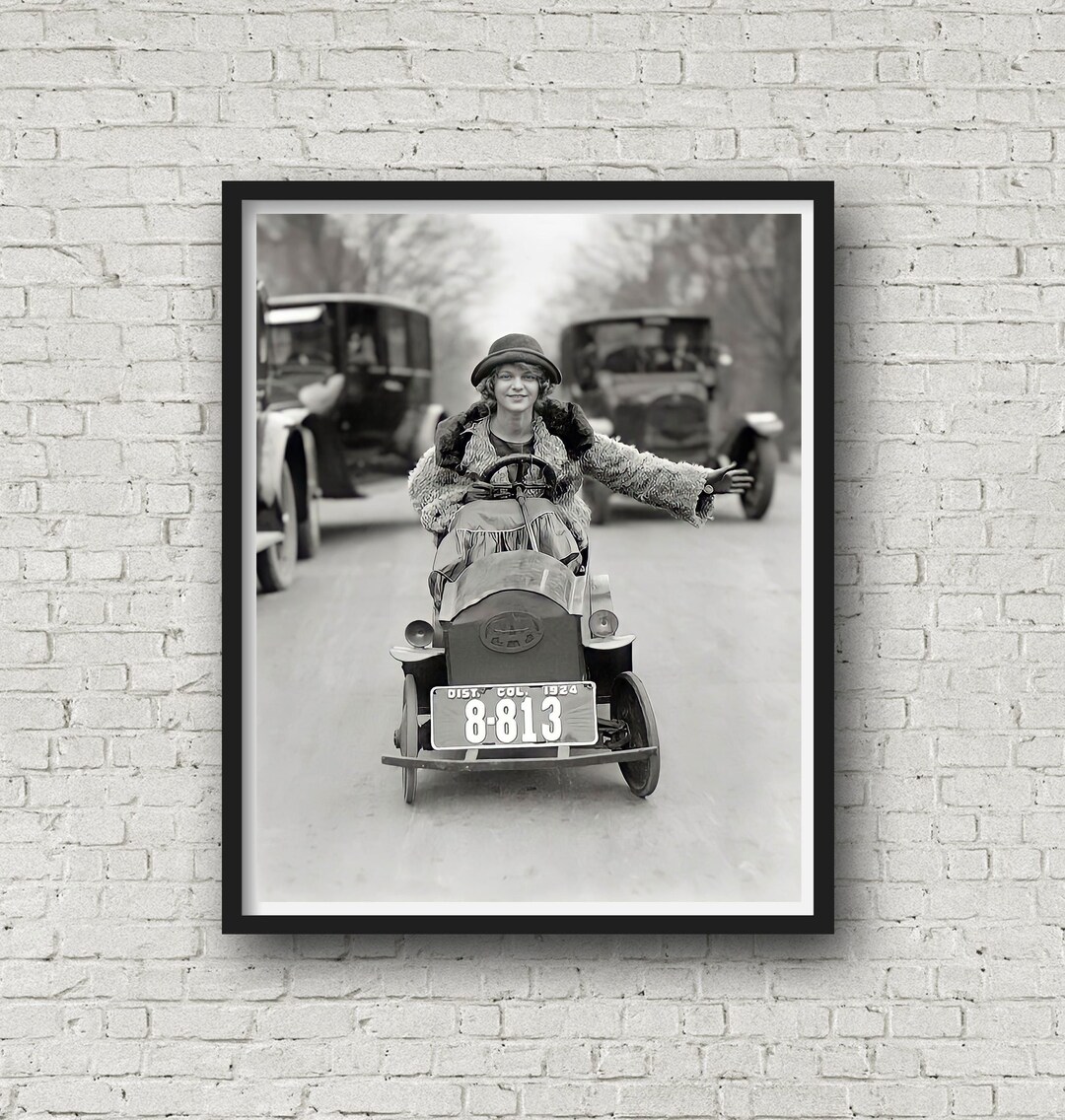 Woman Driving a Pedal Car 1924, Vintage Photo Print, Black & White
