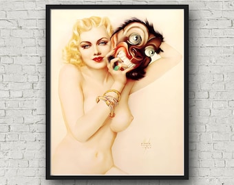 Impresión artística de pin-up de Alberto Vargas: Chica rubia con máscara de bestia