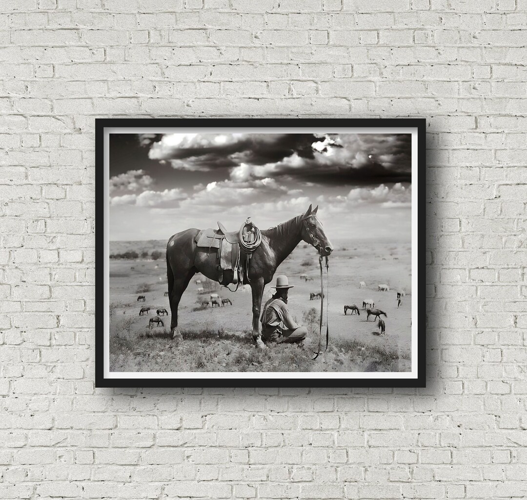 Vintage Cowboy Photo Print: Horse Wrangler on the Plains, Farmhouse ...