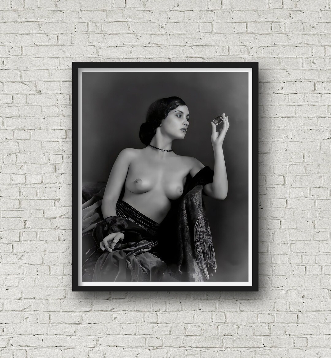Topless Woman Holding Hand Mirror Vintage Nude Photography Powder