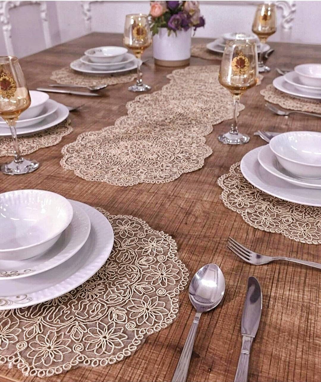 Lace Round Table Placemat Set of 12, Beige Table Mat Kitchen Decor