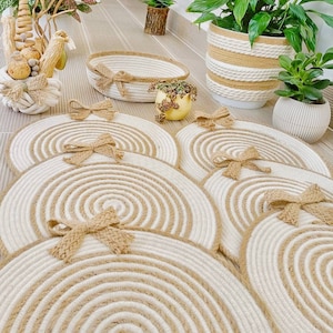 Placemats set of 6, Natural Rustic dining room decor, Boho table mat, Vintage bread basket, Kitchen table decor, cotton rope table placemats