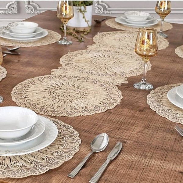 Lace Table Mat and Runner set , Lace Doily Placemats, Doily Vintage,tischset rund, round placemat , Doily Table Cloth, beige table runner