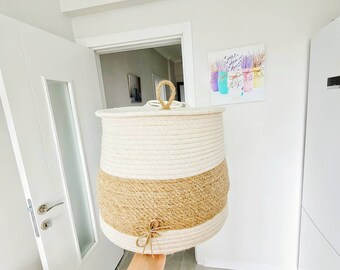 White & jute storage basket with lid, Hallway large storage decor, gift for mom, Bath Organizer, Toy Basket with lid, Antrway storage basket