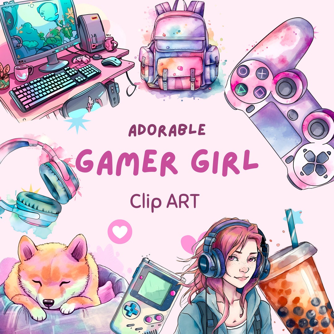 Water Color Gamer Girl Clip Art, Girly Clip Art, Kawaii Adorable