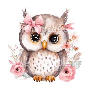 Clip art digital Boho Owl Pink Girl Ladies Cute PNG Archivo transparente 300 dpi Descarga instantánea Archivo Incl. Licencia comercial Lazo floral