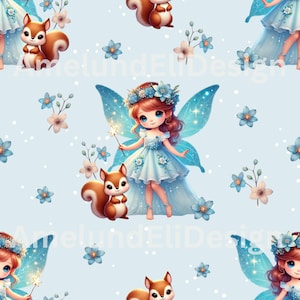 Może przedstawiać: Wzór bez szwów przedstawiający niebieskoskrzydłą wróżkę w niebieskiej sukience i koronie kwiatowej, trzymającą różdżkę. Wróżka jest w towarzystwie brązowego wiewiórki. Tło jest jasnoniebieskie z białymi kropkami i niebieskimi kwiatami.