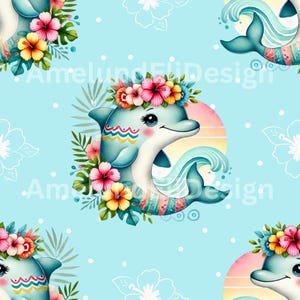 Nahtloses Muster " Sommer Blumen Delfin„ digitales Papier seamless kommerzielle Nutzung Pattern Surface Sofort Download Kindermuster Datei