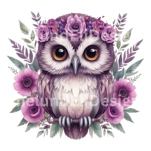 Digital Clip Art Boho Eule Violett Mädchen Damen Süß PNG Datei transparent 300 dpi Sofort Download Datei Inkl. Gewerbelizenz Floral
