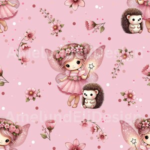 Könnte beinhalten: Ein nahtloses Muster in Rosa mit einer Fee mit rosa Flügeln und einem rosa Kleid, die einen Zauberstab hält, einem Igel und rosa Blumen. Der Hintergrund ist rosa mit weißen Punkten.