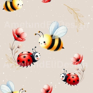 Modello senza cuciture "Coccinella e ape" Carta digitale Senza cuciture per uso commerciale Modello Fiori di superficie Download istantaneo Floreale